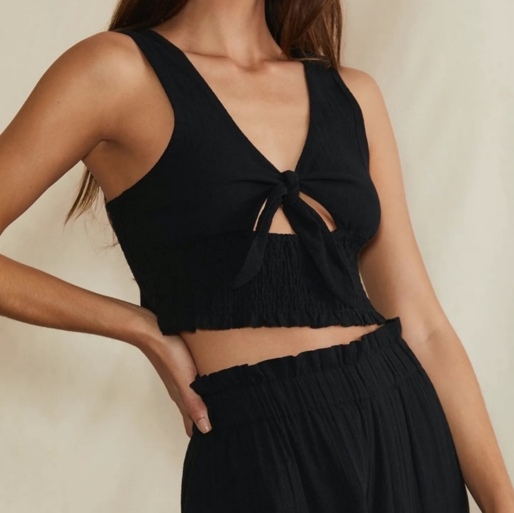 ONIA Cropped knotted shirred cotton-gauze top